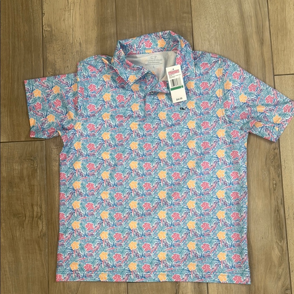 Boys Vineyard Vines Blue and Pink Polo Shirt with Floral Pattern